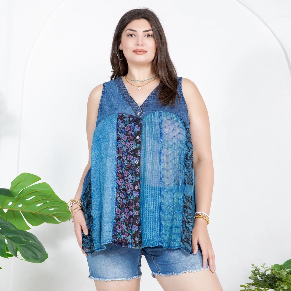 Plus Size V-neck Button Front Top With Patchwork - Picture 1 of 7